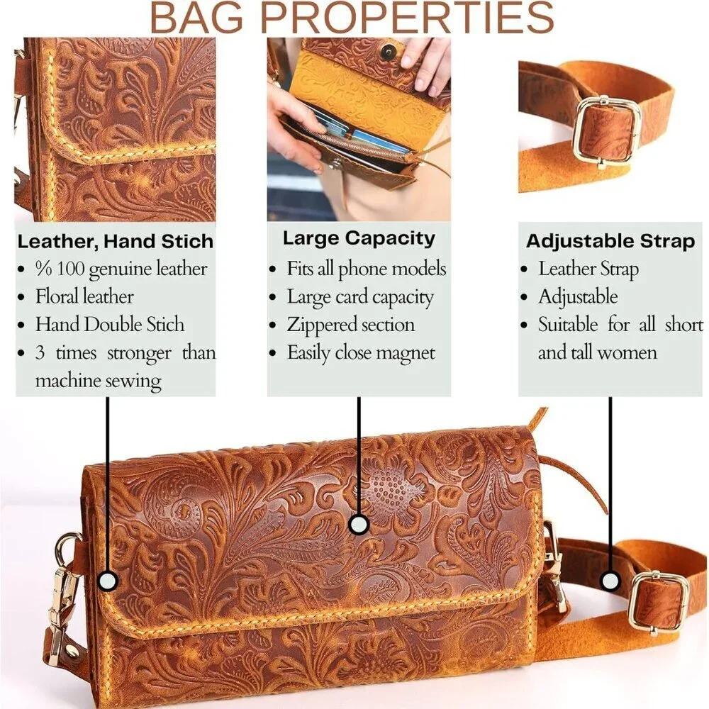 Small Handmade Leather Crossbody Bag for Women, Phone Wallet Purse